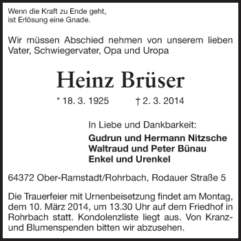 Traueranzeige von Heinz Brüser von Echo-Zeitungen (Gesamtausgabe)