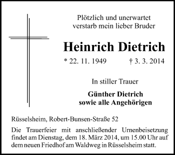 Traueranzeige von Heinrich Dietrich von Rüsselsheimer Echo, Groß-Gerauer-Echo, Ried Echo