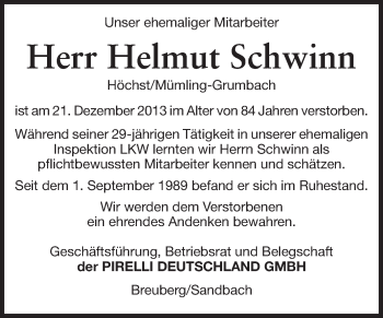 Traueranzeige von Helmut Schwinn von Odenwälder Echo