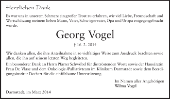 Traueranzeige von Georg Vogel von Echo-Zeitungen (Gesamtausgabe)