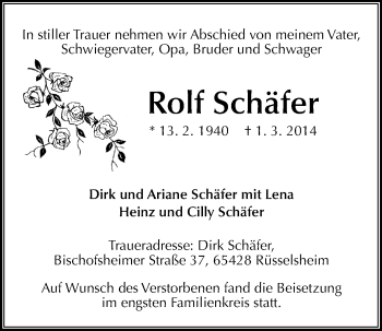 Traueranzeige von Rolf Schäfer von Rüsselsheimer Echo, Groß-Gerauer-Echo, Ried Echo