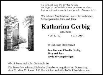Traueranzeige von Katharina Gerbig von Rüsselsheimer Echo, Groß-Gerauer-Echo, Ried Echo