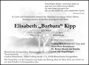 Traueranzeige von Elisabeth Barbara Kipp von Rüsselsheimer Echo, Groß-Gerauer-Echo, Ried Echo