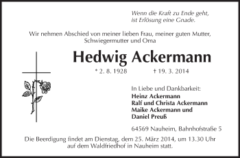 Traueranzeige von Hedwig Ackermann von Rüsselsheimer Echo, Groß-Gerauer-Echo, Ried Echo
