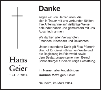 Traueranzeige von Hans Geier von Rüsselsheimer Echo, Groß-Gerauer-Echo, Ried Echo