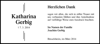 Traueranzeige von Katharina Gerbig von Rüsselsheimer Echo, Groß-Gerauer-Echo, Ried Echo