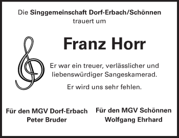Traueranzeige von Franz Horr von Odenwälder Echo