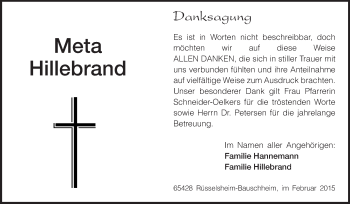 Traueranzeige von Meta Hillebrand von Rüsselsheimer Echo, Groß-Gerauer-Echo, Ried Echo