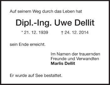 Traueranzeige von Uwe Dellit von Echo-Zeitungen (Gesamtausgabe)