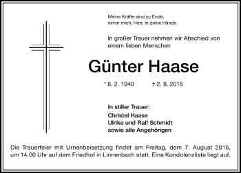 Traueranzeige von Günter Haase von trauer.echo-online.de