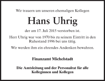 Traueranzeige von Hans Uhrig von Odenwälder Echo