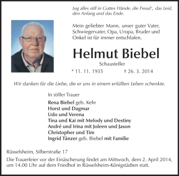 Traueranzeige von Helmut Biebel von Rüsselsheimer Echo, Groß-Gerauer-Echo, Ried Echo