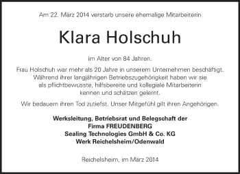 Traueranzeige von Klara Holschuh von Odenwälder Echo