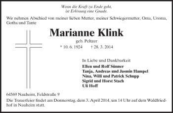 Traueranzeige von Marianne Klink von Rüsselsheimer Echo, Groß-Gerauer-Echo, Ried Echo