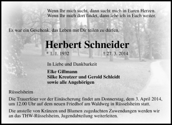 Traueranzeige von Herbert Schneider von Rüsselsheimer Echo, Groß-Gerauer-Echo, Ried Echo