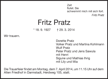 Traueranzeige von Fritz Pratz von Echo-Zeitungen (Gesamtausgabe)