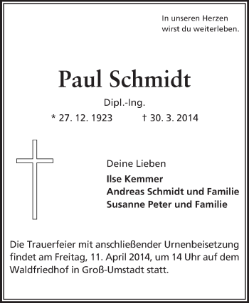 Traueranzeige von Paul Schmidt von Echo-Zeitungen (Gesamtausgabe)