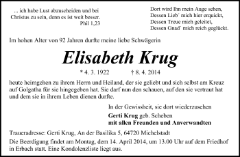 Traueranzeige von Elisabeth Krug von Odenwälder Echo