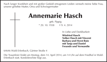 Traueranzeige von Annemarie Hasch von Starkenburger Echo