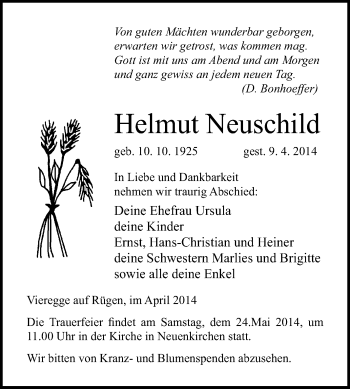 Traueranzeige von Helmut Neuschild von Odenwälder Echo