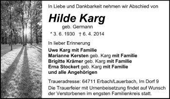 Traueranzeige von Hilde Karg von Odenwälder Echo
