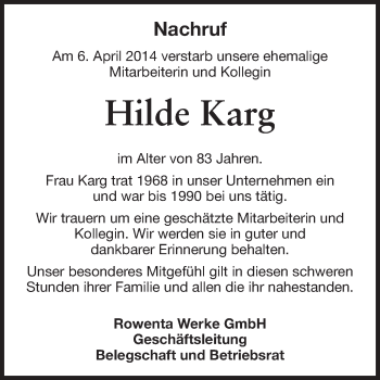 Traueranzeige von Hilde Karg von Odenwälder Echo
