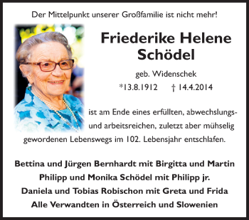Traueranzeige von Friederike Helene Schödel von Rüsselsheimer Echo, Groß-Gerauer-Echo, Ried Echo