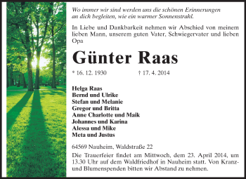 Traueranzeige von Günter Raas von Rüsselsheimer Echo, Groß-Gerauer-Echo, Ried Echo