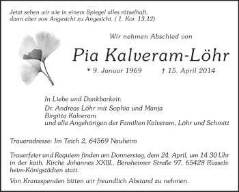 Traueranzeige von Pia Kalveram-Löhr von Rüsselsheimer Echo, Groß-Gerauer-Echo, Ried Echo
