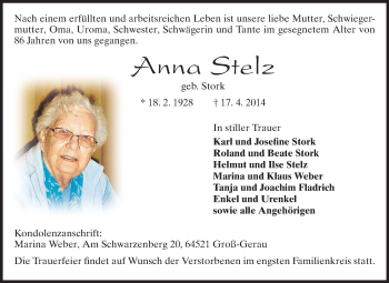Traueranzeige von Anna Stelz von Rüsselsheimer Echo, Groß-Gerauer-Echo, Ried Echo
