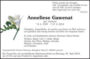 Traueranzeige von Anneliese Gawenat von Echo-Zeitungen (Gesamtausgabe)