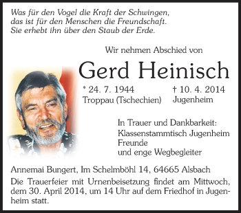 Traueranzeige von Gerd Heinisch von Echo-Zeitungen (Gesamtausgabe)