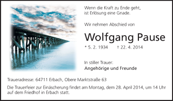 Traueranzeige von Wolfgang Pause von Odenwälder Echo
