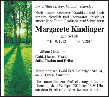 Traueranzeige von Margarete Kindinger von Echo-Zeitungen (Gesamtausgabe)