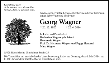 Traueranzeige von Georg Wagner von Rüsselsheimer Echo, Groß-Gerauer-Echo, Ried Echo