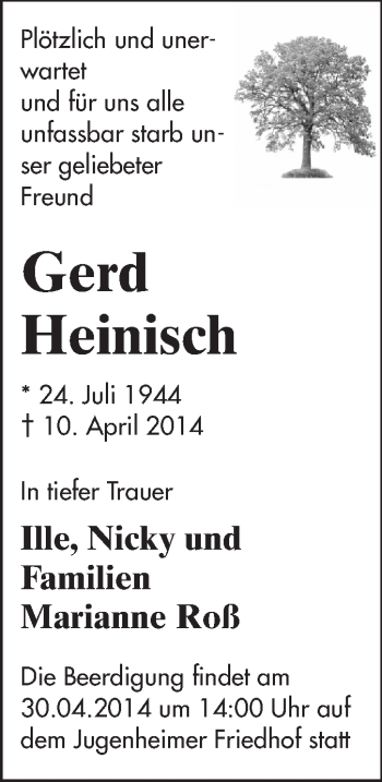 Traueranzeige von Gerd Heinisch von Echo-Zeitungen (Gesamtausgabe)