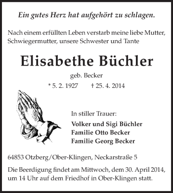 Traueranzeige von Elisabethe Büchler von Echo-Zeitungen (Gesamtausgabe)
