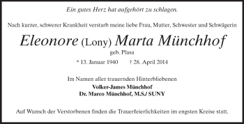 Traueranzeige von Eleonore Marta Münchhof von Echo-Zeitungen (Gesamtausgabe)