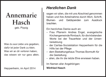 Traueranzeige von Annemarie Hasch von Starkenburger Echo