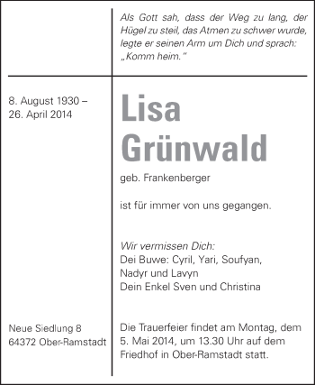 Traueranzeige von Lisa Grünwald von Echo-Zeitungen (Gesamtausgabe)
