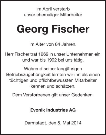 Traueranzeige von Georg Fischer von Echo-Zeitungen (Gesamtausgabe)