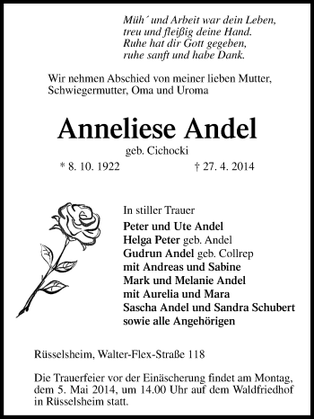 Traueranzeige von Anneliese Andel von Rüsselsheimer Echo, Groß-Gerauer-Echo, Ried Echo