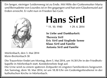 Traueranzeige von Hans Sirtl von Starkenburger Echo