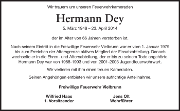 Traueranzeige von Hermann Dey von Odenwälder Echo
