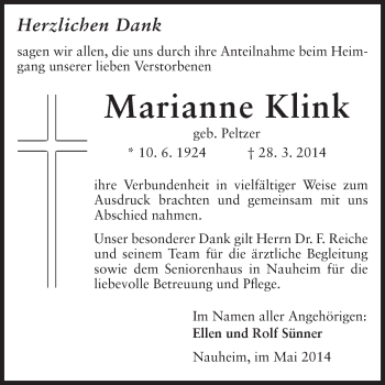 Traueranzeige von Marianne Klink von Rüsselsheimer Echo, Groß-Gerauer-Echo, Ried Echo