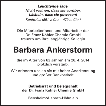 Traueranzeige von Barbara Ankerstorm von Echo-Zeitungen (Gesamtausgabe)