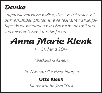 Traueranzeige von Anna Marie Klenk von Echo-Zeitungen (Gesamtausgabe)