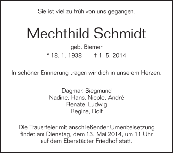 Traueranzeige von Mechthild Schmidt von Echo-Zeitungen (Gesamtausgabe)