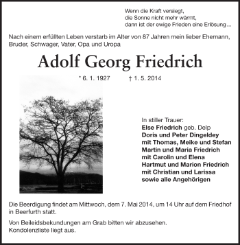 Traueranzeige von Adolf Georg Friedrich von Odenwälder Echo