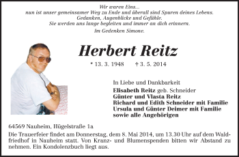 Traueranzeige von Herbert Reitz von Rüsselsheimer Echo, Groß-Gerauer-Echo, Ried Echo